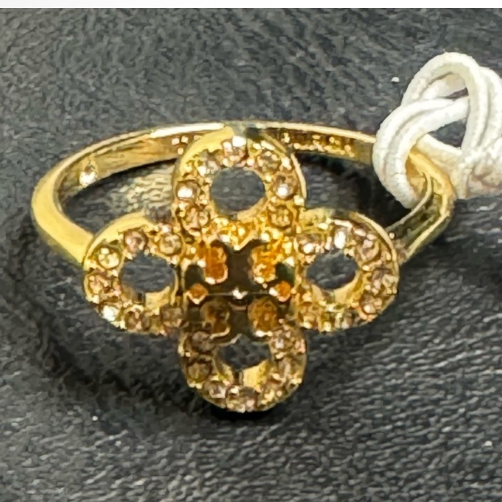 Tory Burch NWT Kira Clover Crystal Pave 18K Gold-Plated Brass Ring NEW $129